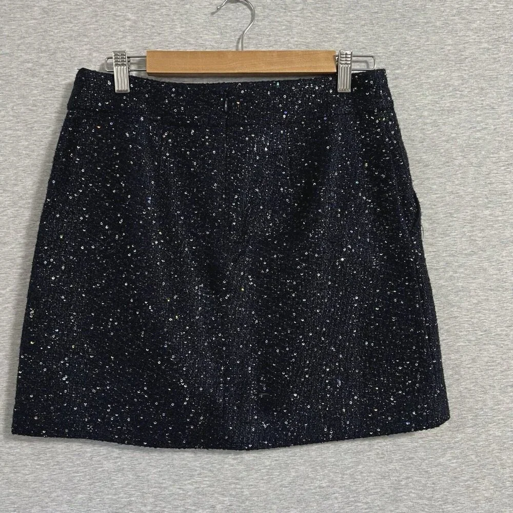 Loft Skirt Womens 6 Petite Navy Blue Tweed Sequin‎ Glitz Holiday Disco Evening